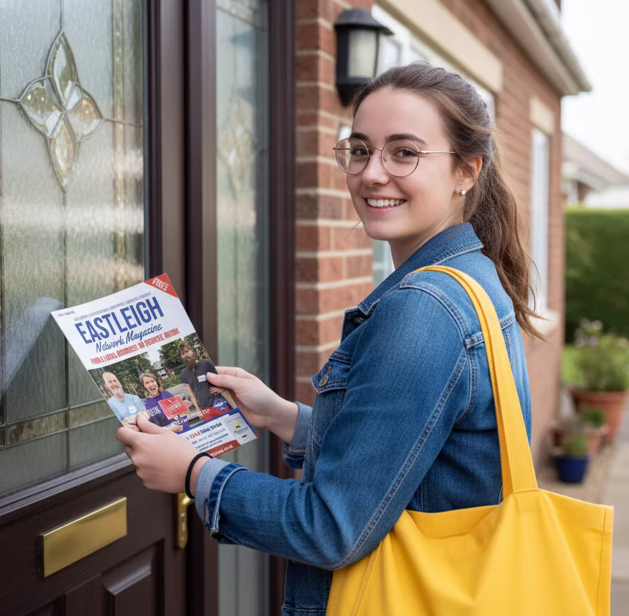 A young distributor holding Network Magazines with a friendly smile